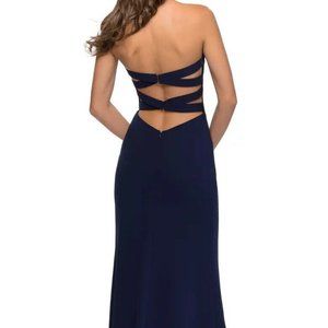 La Femme Navy Blue Cross Back Strapless Jersey Evening Dress